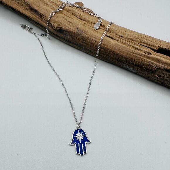 Sterling Silver Blue Enamel Hamsa Star of David Necklace - Picture 2 of 5